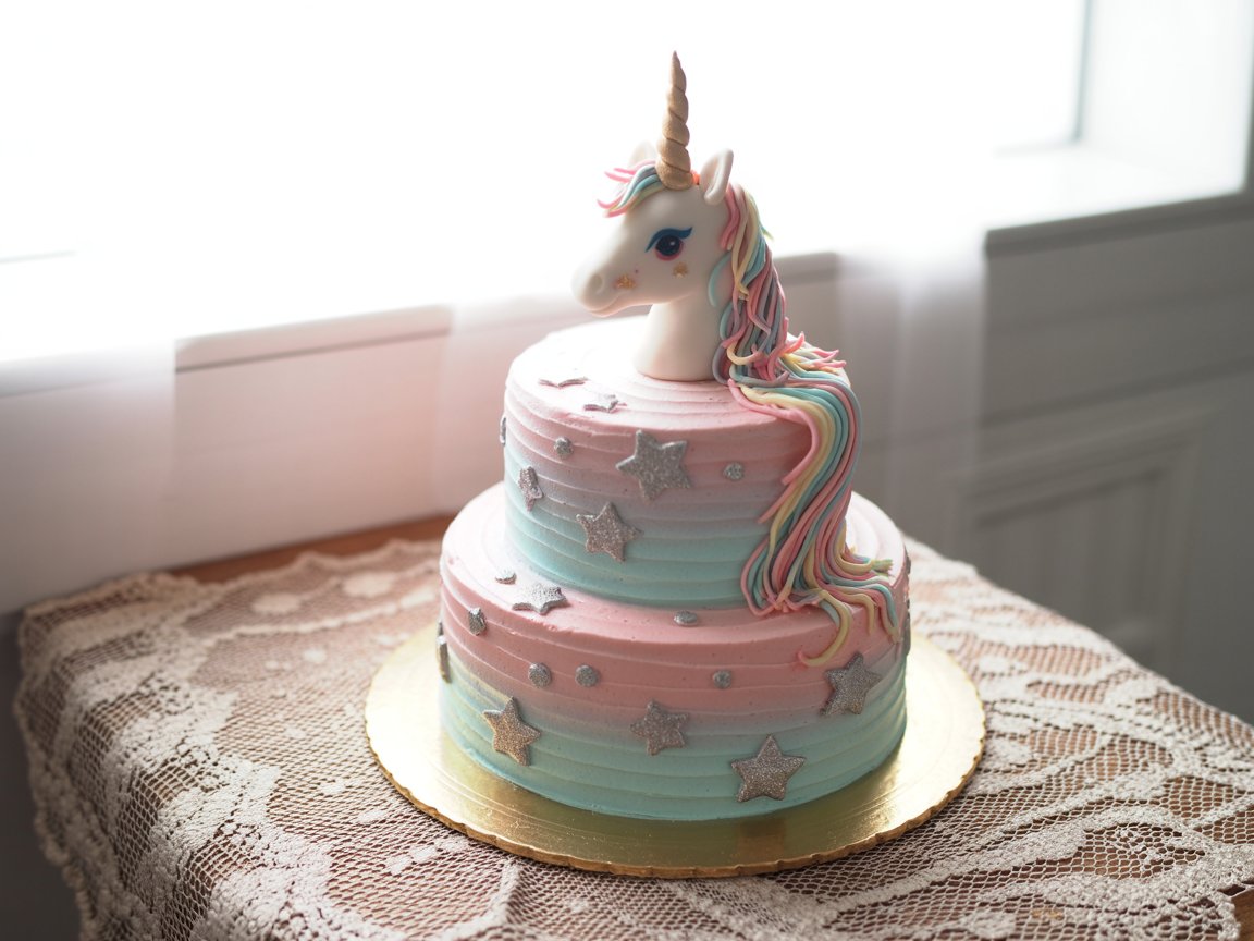Two-tier pastel unicorn cake with stars on a lace table
